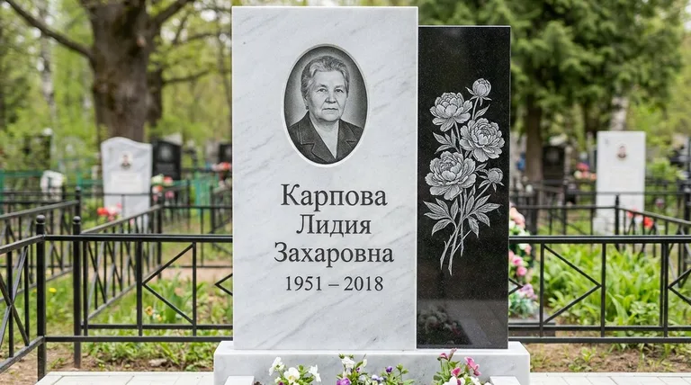 Памятник с гравировкой пионов — выполненная работа «Карпова» в Липецке
