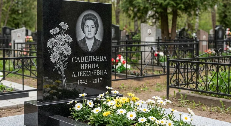 Памятник с гравировкой ромашек — выполненная работа «Савельева» в Липецке