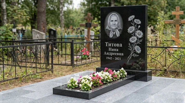 Памятник с гравировкой ромашек — выполненная работа «Титова» в Липецке