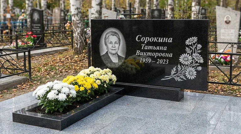 Памятник с гравировкой ромашек — выполненная работа «Сорокина» в Липецке