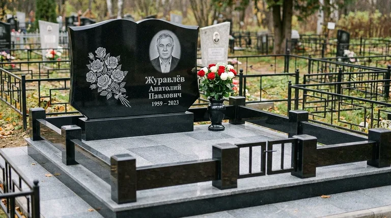 Памятник с гравировкой роз — выполненная работа «Журавлёв» в Липецке