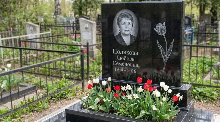 Памятник с гравировкой тюльпанов — выполненная работа «Полякова» в Липецке
