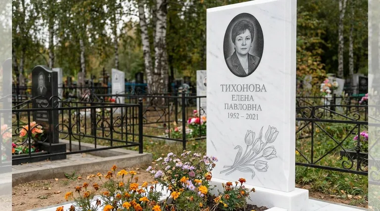 Памятник с гравировкой тюльпанов — выполненная работа «Тихонова» в Липецке