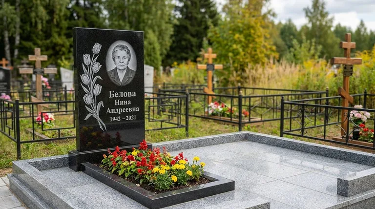 Памятник с гравировкой тюльпанов — выполненная работа «Белова» в Липецке