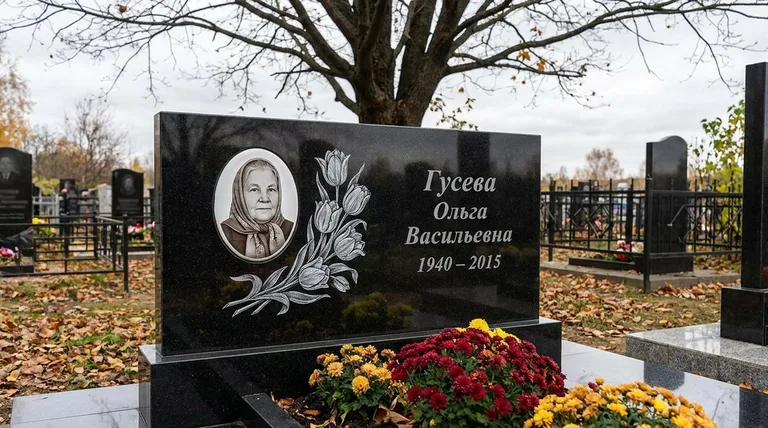 Памятник с гравировкой тюльпанов — выполненная работа «Гусева» в Липецке