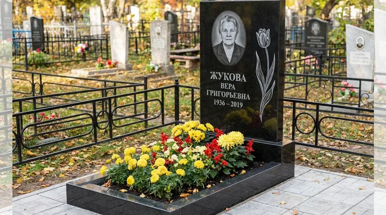 Памятник с гравировкой тюльпанов — выполненная работа «Жукова» в Липецке