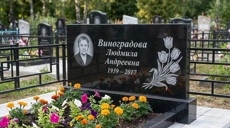 Памятник с гравировкой тюльпанов — выполненная работа «Виноградова» в Липецке