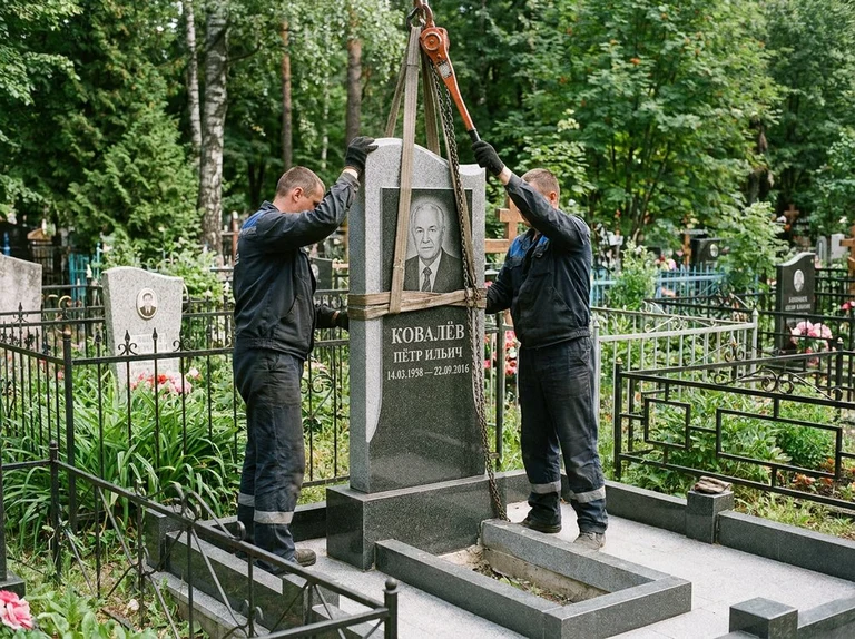 Демонтаж памятника на кладбище в Липецке — бригада аккуратно снимает старый гранитный памятник с могилы