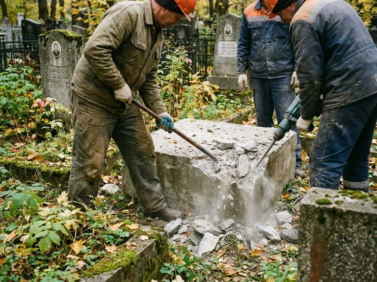 Демонтаж бетонного цоколя и тумбы памятника в Липецке