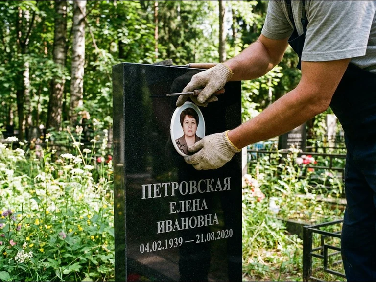 Фото на керамике на памятник в Липецке — мастер устанавливает овальный керамический портрет на гранитный памятник