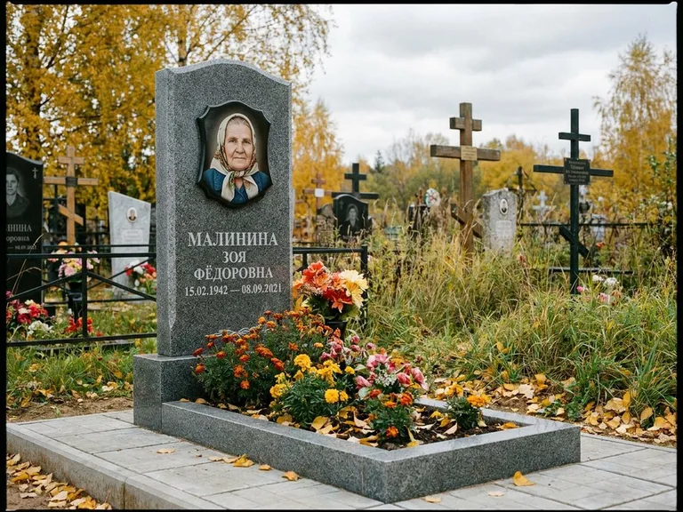 Чёрно-белый керамический портрет на памятнике в Липецке
