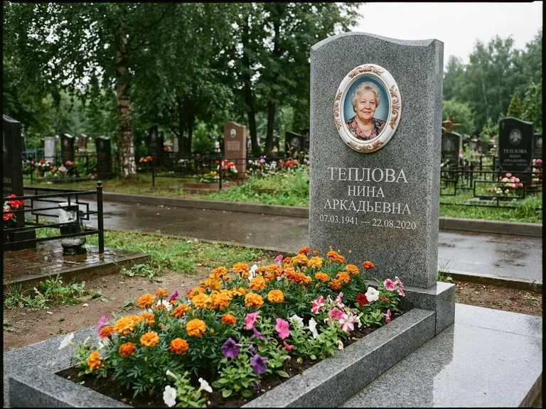 Керамический портрет на памятнике с цветами в Липецке