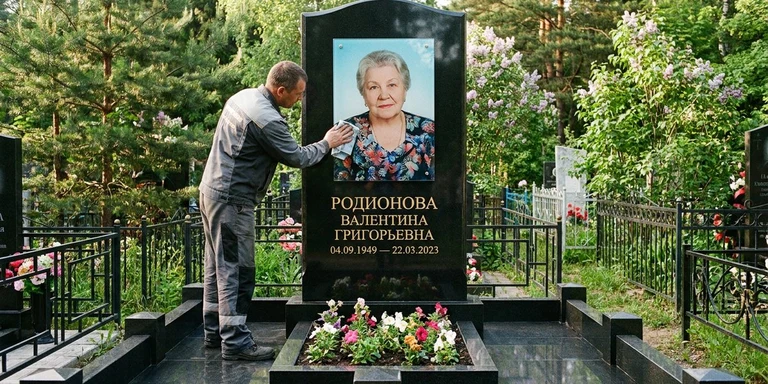 Фотокерамика и печать фото на памятник в Липецке — мастер устанавливает цветной портрет на стекле на гранитный памятник