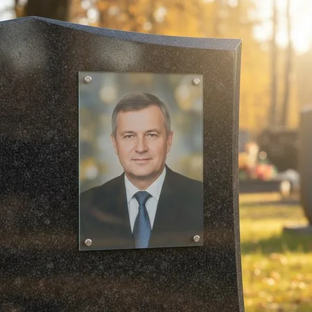 Портрет на стекле на держателях на чёрном граните в Липецке