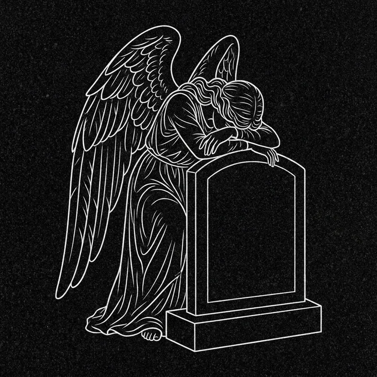 Эскиз гравировки ангела на памятник — печальный ангел у плиты в Липецке