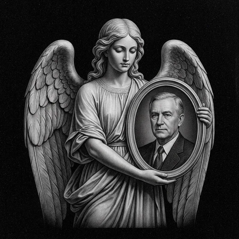 Эскиз гравировки ангела на памятник — объёмный ангел с портретом в Липецке