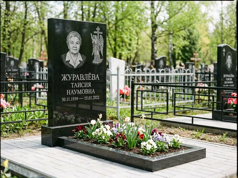 Памятник с гравировкой ангела — гравировка ангела с голубем по диагонали стелы, работа «Журавлёва» в Липецке