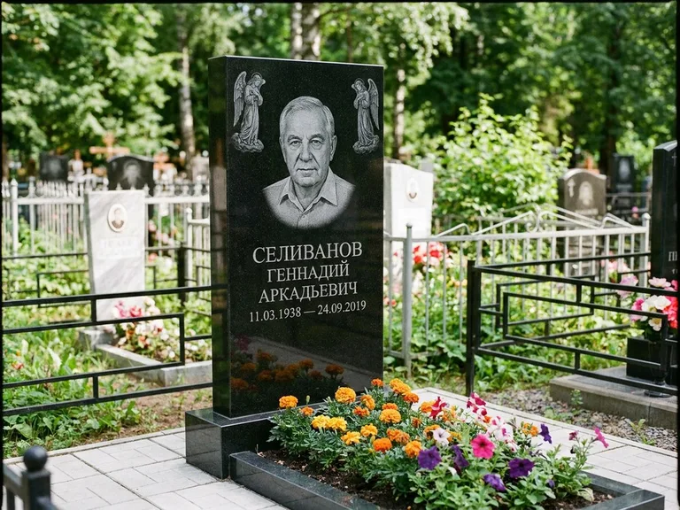 Памятник с гравировкой ангела — гравировка двух ангелов по сторонам портрета, работа «Селиванов» в Липецке