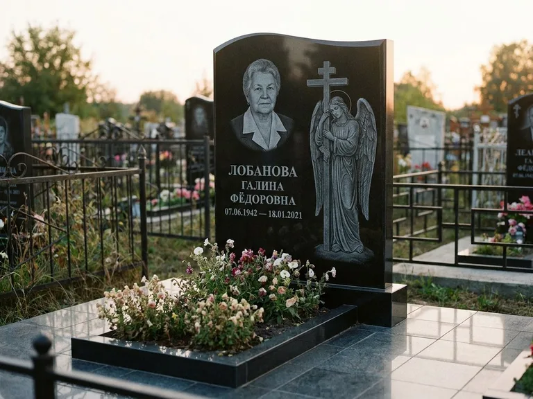 Памятник с гравировкой ангела — гравировка ангела с крестом рядом с эпитафией, работа «Лобанова» в Липецке