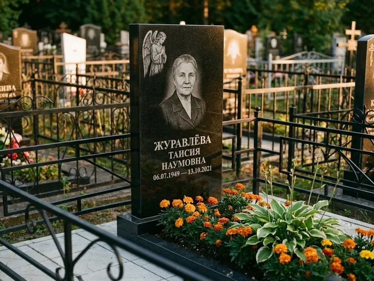 Памятник с гравировкой ангела — гравировка молящегося ангела в верхней части стелы, работа «Журавлёва» в Липецке