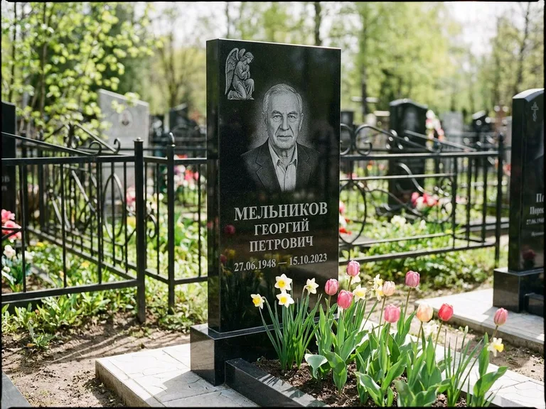 Памятник с гравировкой ангела — гравировка ангела с голубем по диагонали стелы, работа «Доронин» в Липецке