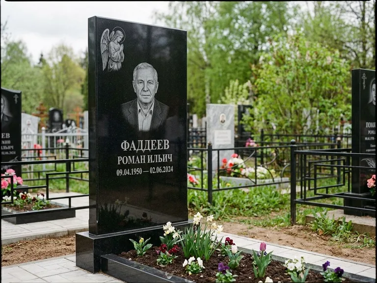 Памятник с гравировкой ангела — гравировка молящегося ангела в верхней части стелы, работа «Фаддеев» в Липецке