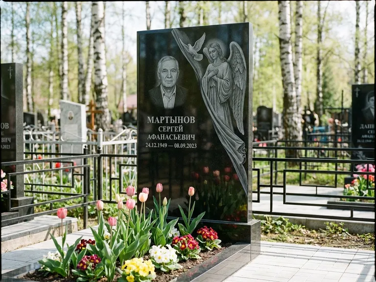 Памятник с гравировкой ангела — гравировка двух ангелов по сторонам портрета, работа «Касаткин» в Липецке