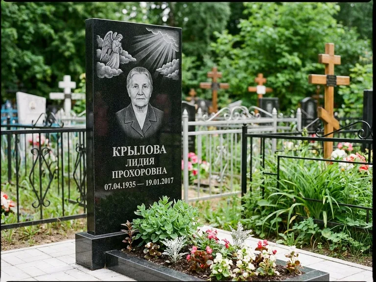 Памятник с гравировкой ангела — гравировка ангела в облаках с лучами над портретом, работа «Лобанова» в Липецке