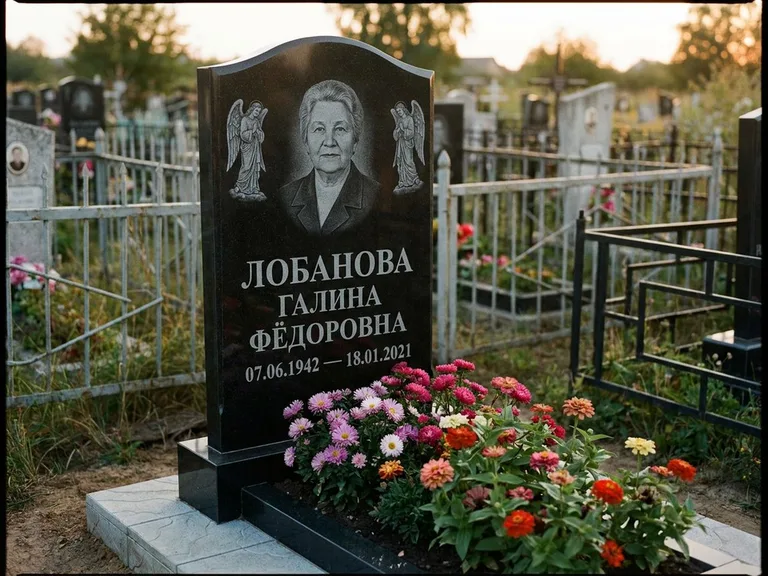 Памятник с гравировкой ангела — гравировка двух ангелов по сторонам портрета, работа «Лобанова» в Липецке