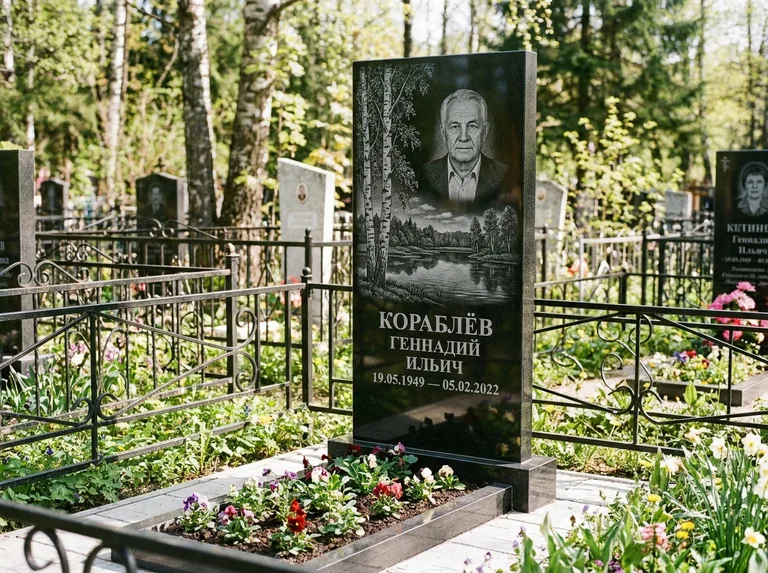 Памятник с гравировкой берёзы — гравировка берёзы у зеркального озера, работа «Кораблёв» в Липецке
