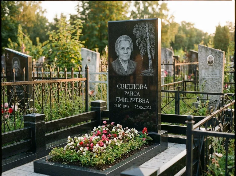 Памятник с гравировкой берёзы — гравировка плакучей берёзы с тонкими ветвями, работа «Светлова» в Липецке