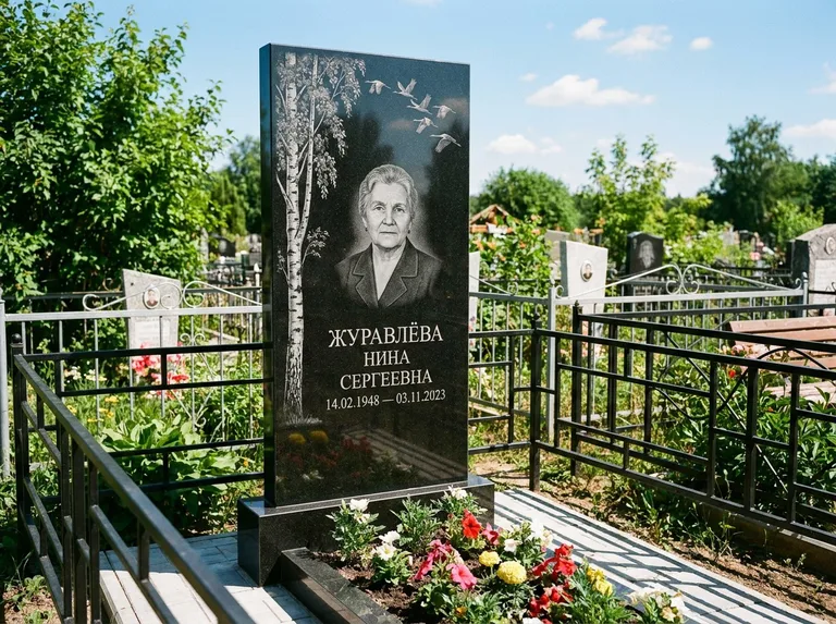 Памятник с гравировкой берёзы — гравировка берёзы с журавлиным клином в небе, работа «Журавлёва» в Липецке