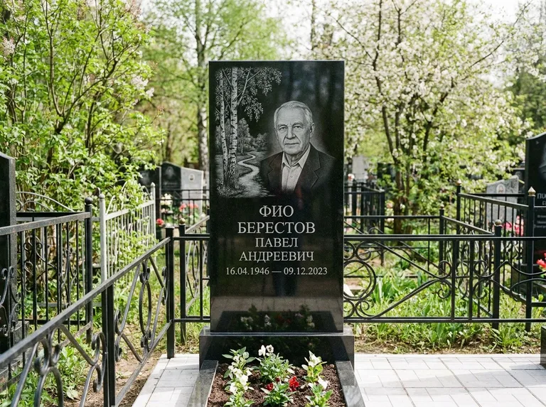 Памятник с гравировкой берёзы — гравировка берёзы у тропинки, уходящей вдаль, работа «Берестов» в Липецке