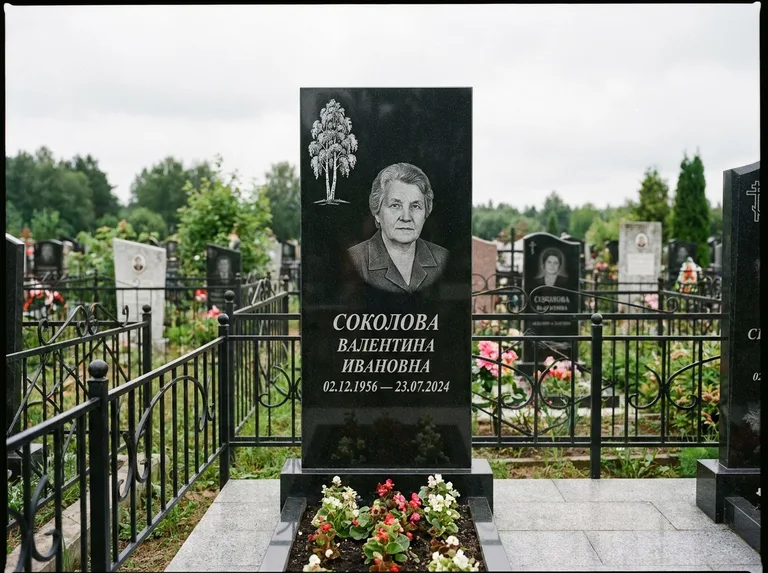 Памятник с гравировкой берёзы — гравировка одинокой берёзы над именем, работа «Соколова» в Липецке