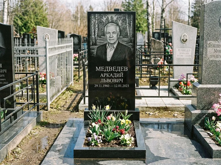 Памятник с гравировкой берёзы — гравировка берёзовой рощи в глубину, работа «Медведев» в Липецке