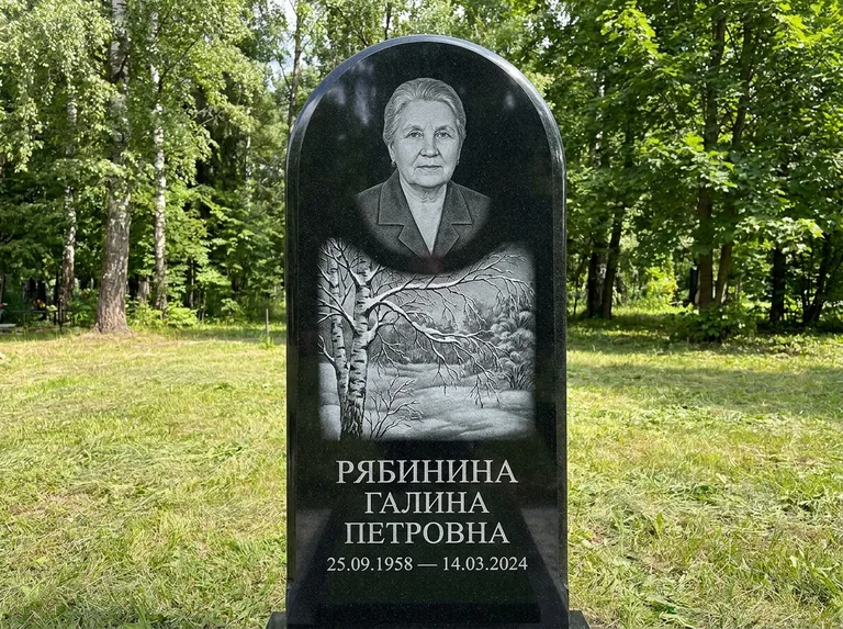 Памятник с гравировкой берёзы: стела с плавным арочным верхом — зимняя берёза, снег на ветвях, газон без ограды, стриженая трава, работа «Рябинина» в Липецке