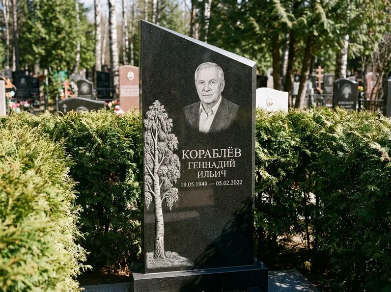 Памятник с гравировкой берёзы: асимметричная скошенная стела — объёмная одинокая берёза с фактурной корой, живая изгородь из туи, работа «Кораблёв» в Липецке