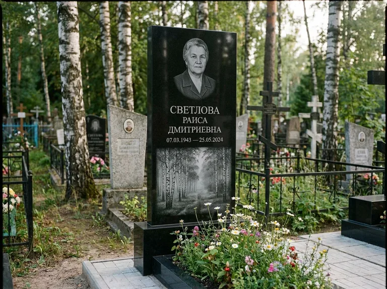 Памятник с гравировкой берёзы: двойная семейная стела — берёзовая роща в лёгкой дымке, цветник с полевыми цветами, работа «Светлова» в Липецке