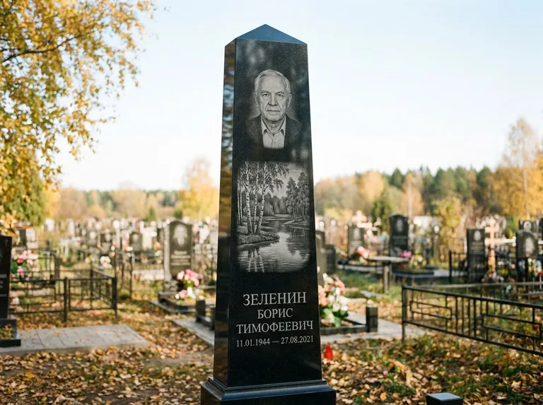 Памятник с гравировкой берёзы: гранёный обелиск-колонна — берёза у воды с отражением, открытый участок, мягкий свет, работа «Зеленин» в Липецке