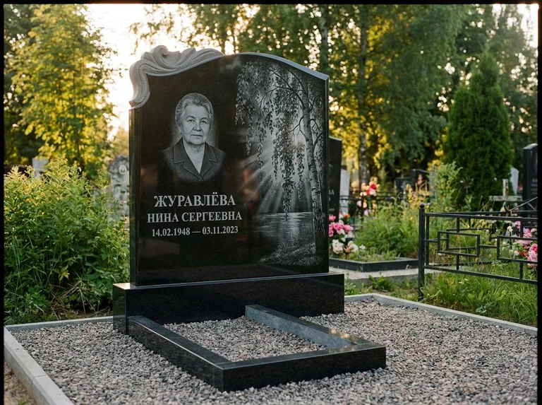 Памятник с гравировкой берёзы: стела с фигурным резным верхом — плакучая берёза в контровом свете, гравийная отсыпка, рассвет, работа «Журавлёва» в Липецке