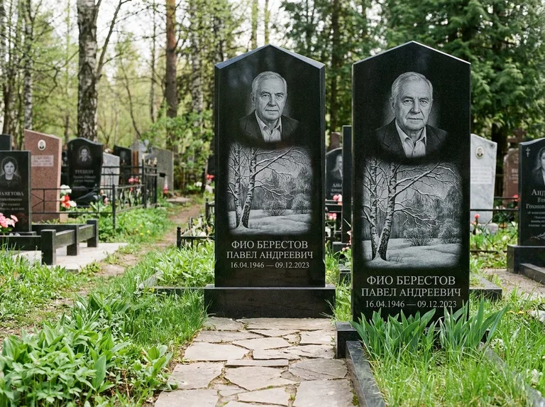 Памятник с гравировкой берёзы: массивная стела с двускатным навершием — зимняя берёза, снег на ветвях, дорожка из природного плитняка, работа «Берестов» в Липецке
