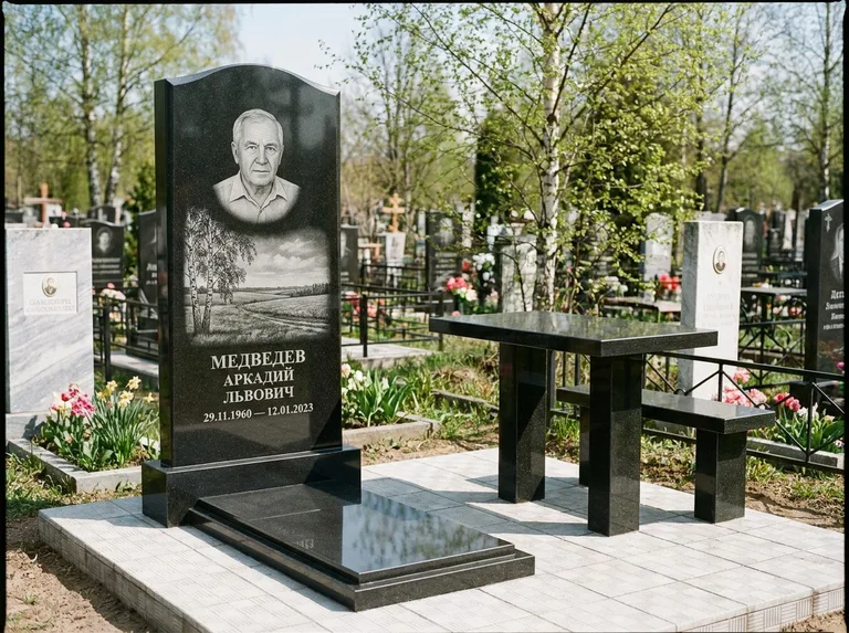 Памятник с гравировкой берёзы: стела с гранитным столиком и скамьёй — берёза у поля, простор до горизонта, семейный участок с плиткой, работа «Медведев» в Липецке