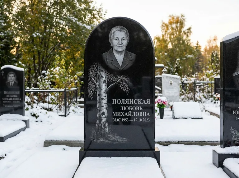 Памятник с гравировкой берёзы: полукруглая стела — объёмная одинокая берёза с фактурной корой, заснеженный зимний участок, работа «Полянская» в Липецке