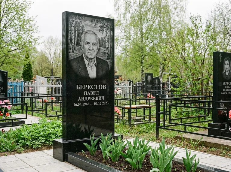 Памятник с гравировкой берёзы — гравировка берёзовой рощи в глубину, работа «Берестов» в Липецке
