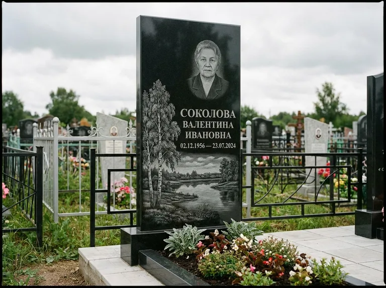 Памятник с гравировкой берёзы — гравировка берёзы у зеркального озера, работа «Соколова» в Липецке