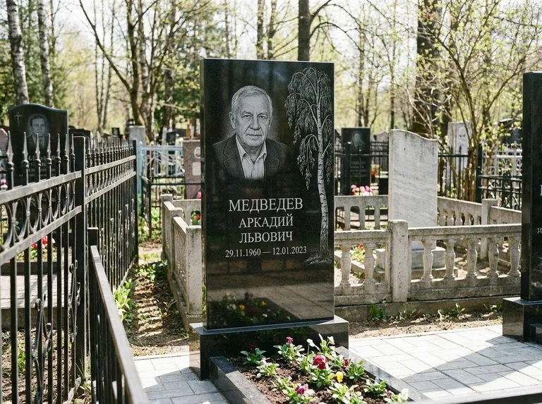 Памятник с гравировкой берёзы — гравировка плакучей берёзы с тонкими ветвями, работа «Медведев» в Липецке