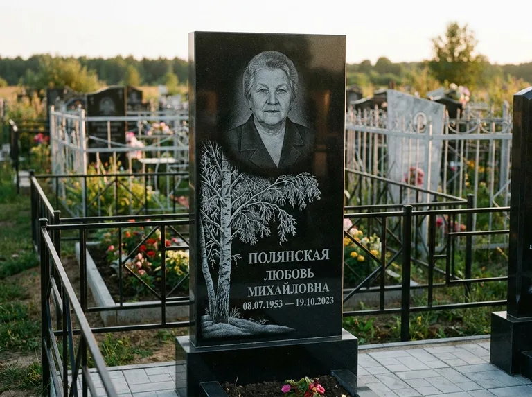 Памятник с гравировкой берёзы — гравировка зимней берёзы в инее, работа «Полянская» в Липецке