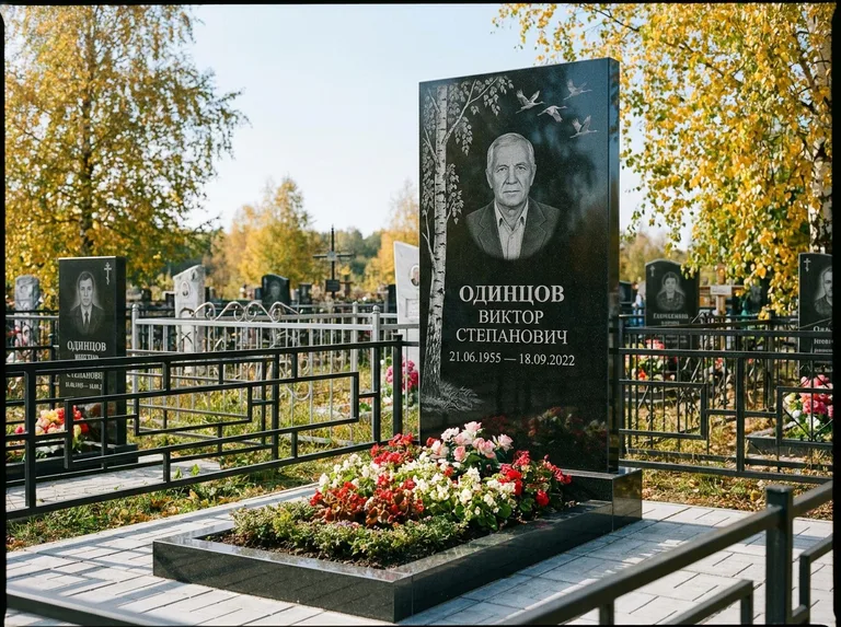 Памятник с гравировкой берёзы — гравировка берёзы с журавлиным клином в небе, работа «Одинцов» в Липецке