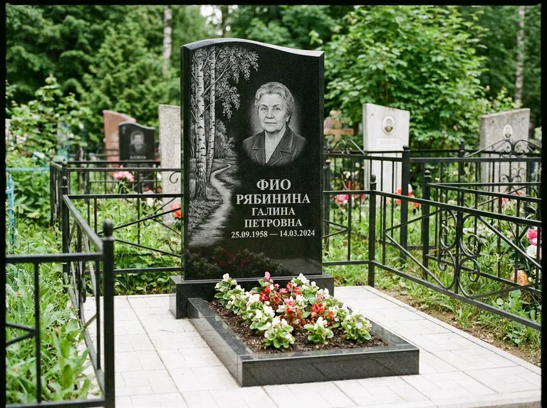 Памятник с гравировкой берёзы — гравировка берёзы у тропинки, уходящей вдаль, работа «Рябинина» в Липецке