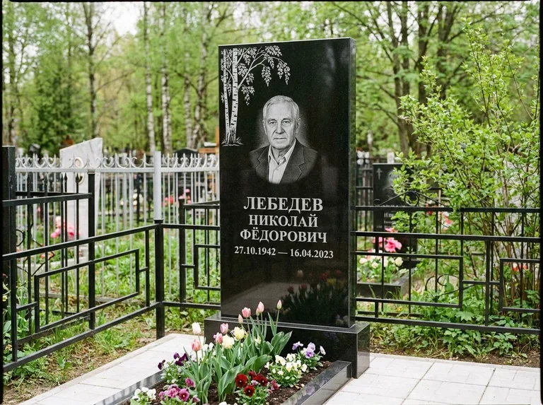 Памятник с гравировкой берёзы — гравировка одинокой берёзы над именем, работа «Лебедев» в Липецке